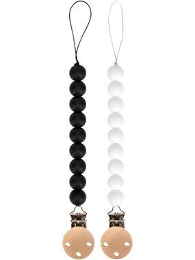 BPA-Free Silicone Pacifier Clip Holder, Fits Most Styles, 2 Pack - Black & White